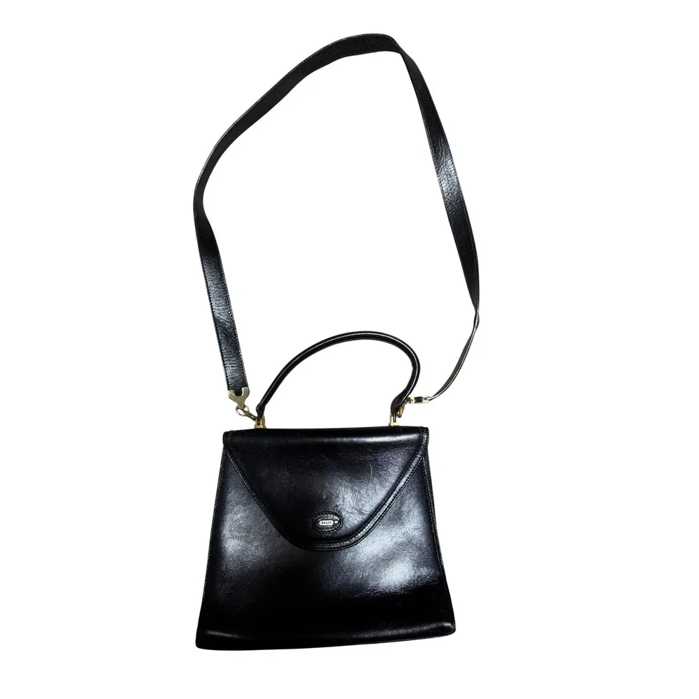 Bally Vintage Black Leather Top Handle Crossbody Bag Gold Hardware